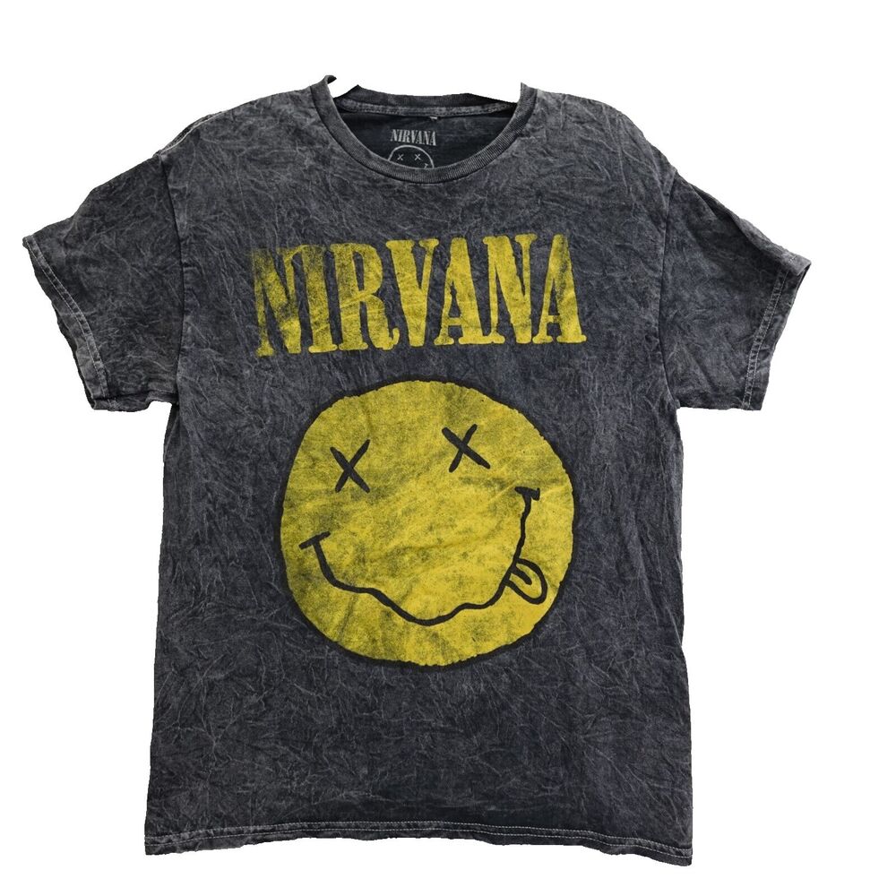 Nirvana Shirt Medium Stone Washed Gray Band Yellow Smiley Face Logo Concert